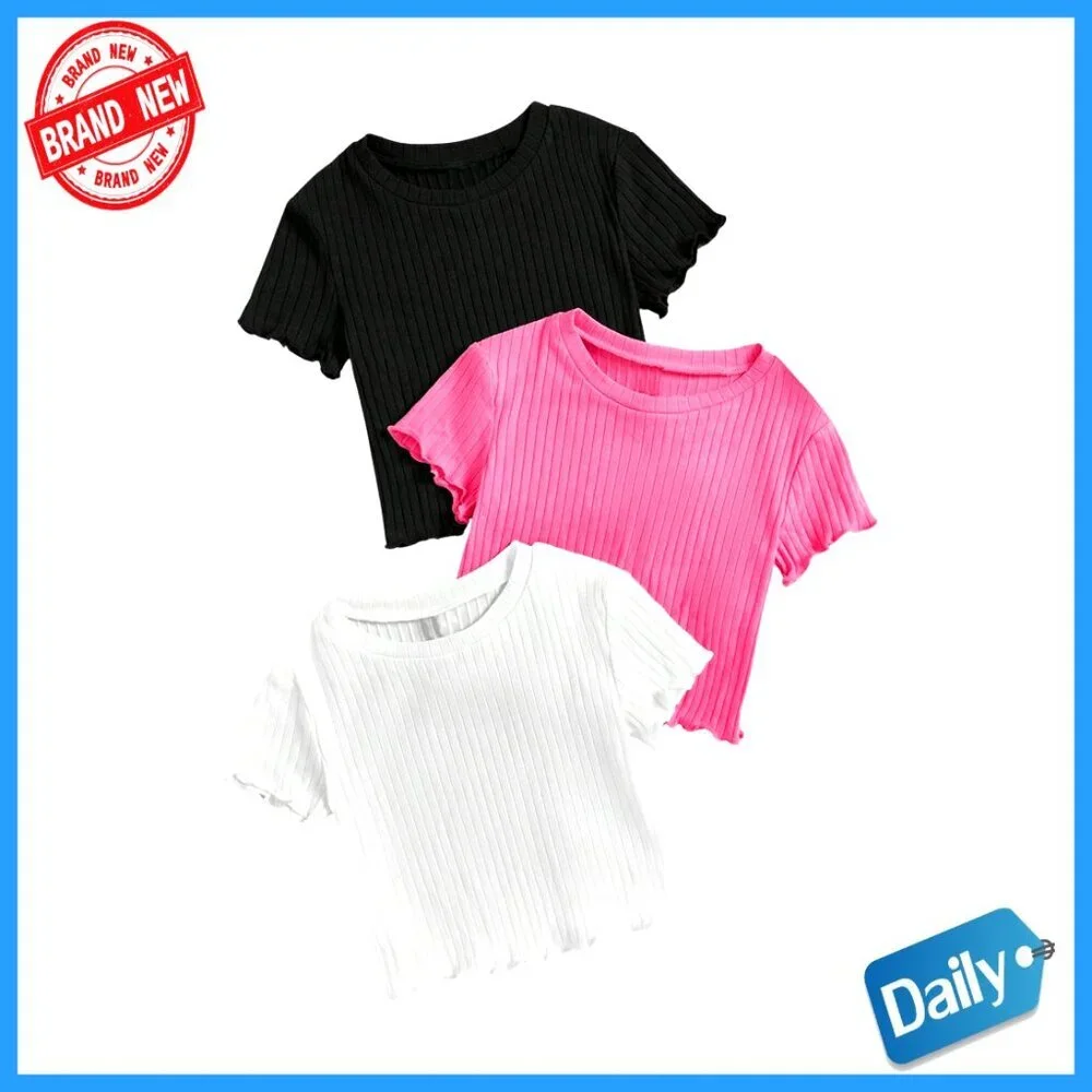 Girls 3-Pack Rib-Knit Crop Tees with Lettuce Trim Short Sleeve